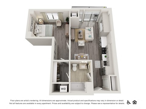 Floor plan for 1 bed, 1 bath, 708 sqft